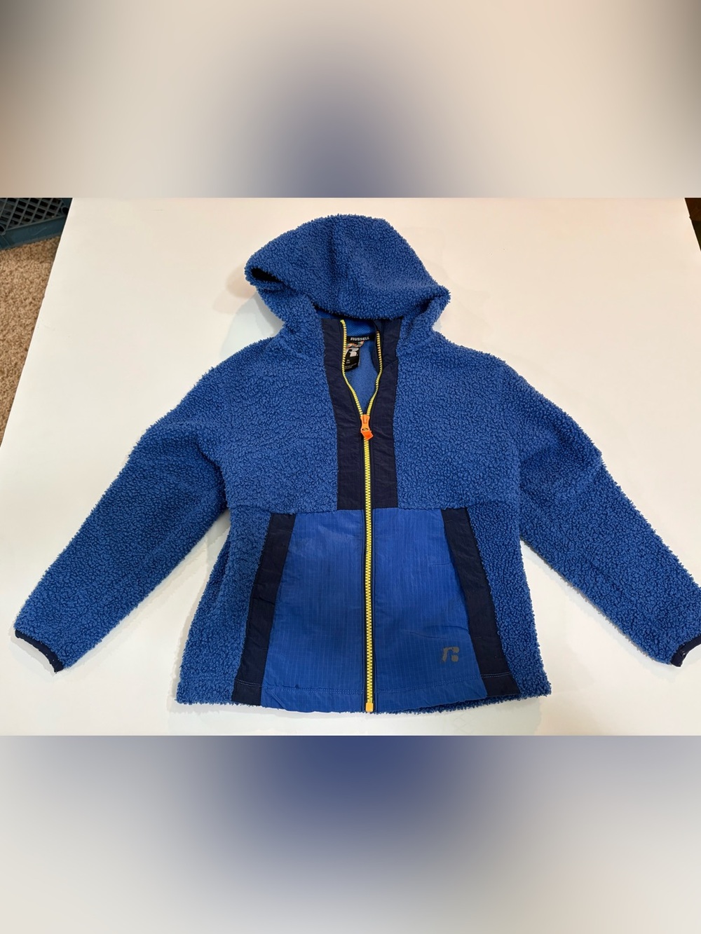 BOYS Russell Athletic Blue Sherpa Jacket with Yellow Zipper